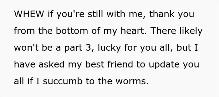 Text expressing gratitude to readers and mentioning the possibility of no part 3 unless updating about tapeworms occurs.
