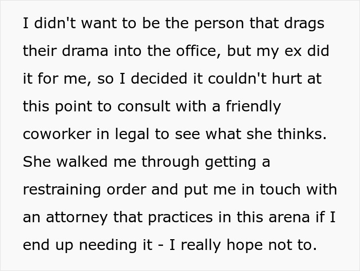 Text excerpt about coping with ex-BF&rsquo;s trauma using comedy and seeking legal help for stalking issues.