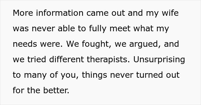 Text from a personal story: Wife never met needs, fought, argued, tried therapists. Things didn't improve, leading to gut feeling and snooping.