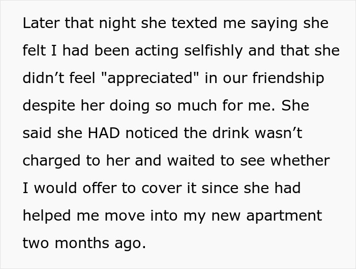 Text excerpt about a woman feeling unappreciated by her friend despite helping with moving and expecting appreciation.
