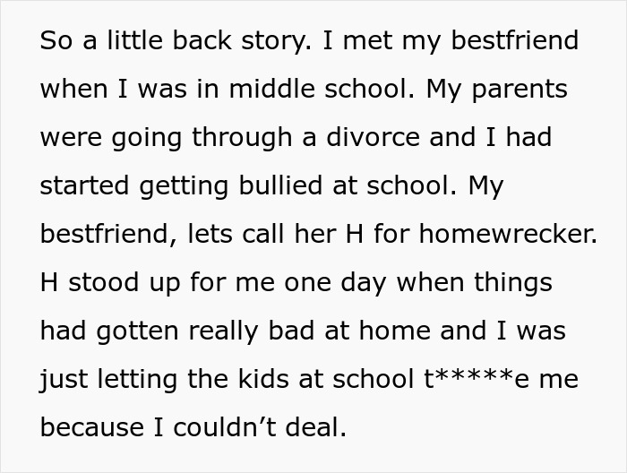 Screenshot of text describing the start of a friendship, leading to discovery of husband and best friend's affair.