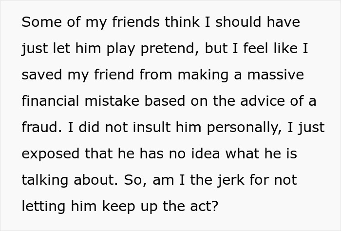 Text excerpt showing someone reflecting on exposing a man who played an expert at a dinner party and was called out.