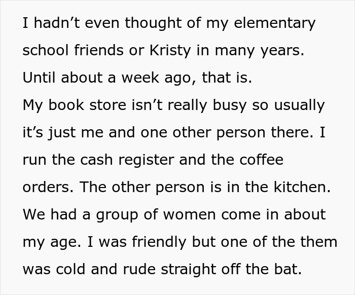 Text excerpt describing a book store manager's quiet workday interrupted by a rude visitor, hinting at a school bully encounter. Text excerpt describing a book store manager's quiet workday interrupted by a rude visitor, hinting at a school bully encounter.