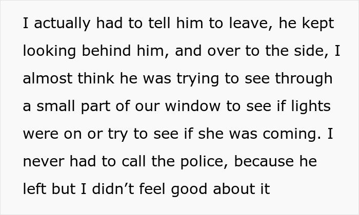 Text from a friend describing strange behavior, looking for a woman alone, seen on camera.