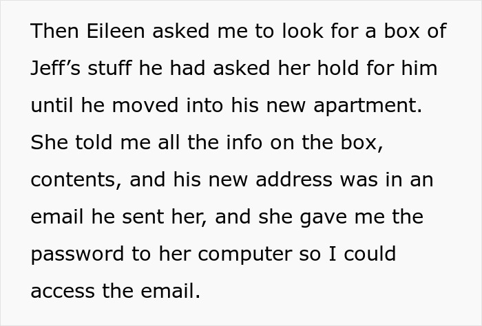 A text excerpt describes Eileen asking for help locating Jeff's box, with details for destroying his new life via email access.