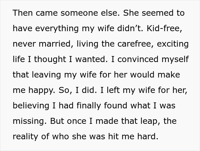 Text excerpt describing a man's regret after leaving his wife for a cheater, learning a harsh lesson with zero sympathy.