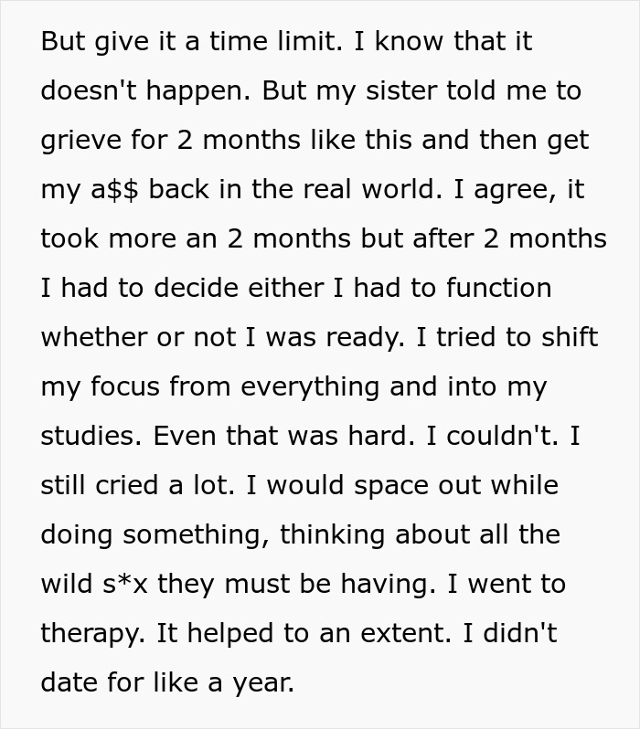 Text passage about coping and therapy, discussing focus shifts and emotional struggles after a friend's betrayal involving a boy.