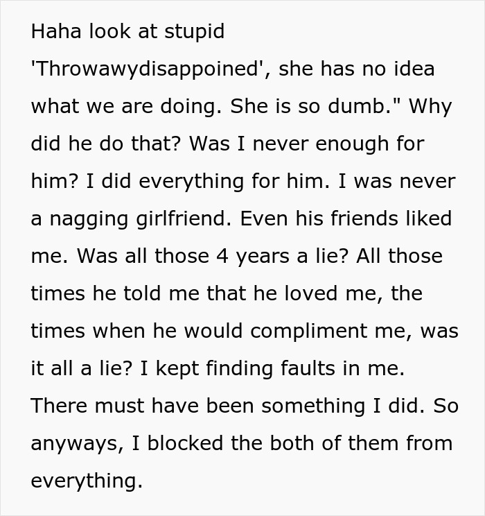 Text message about a girl feeling betrayed by her boyfriend and best friend, blocking them both after a friendship betrayal.