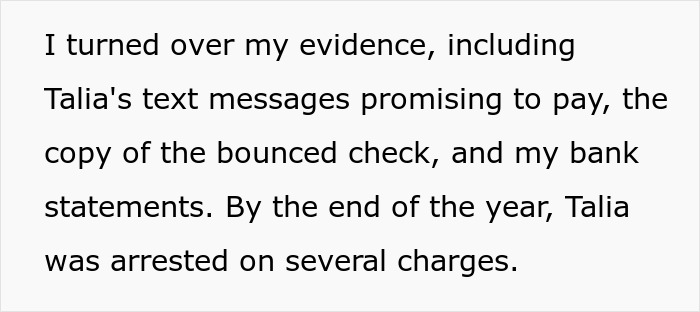 Text excerpt explaining evidence turned over including text messages and bank statements leading to arrest in Tinder scams case.