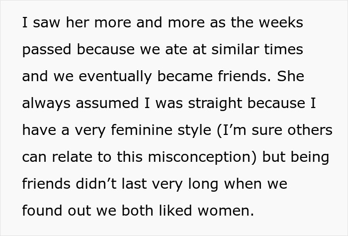 Text describing friendship growing and discovery of mutual attraction between women