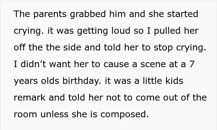 A screenshot of a text, discussing a girl crying at a birthday party, and being told to stop by her Heartless MIL.