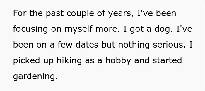 Text excerpt about focusing on self, dating, hiking, and gardening relating to wife divorcing cancer-stricken husband story.