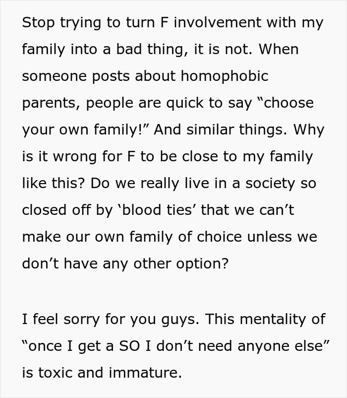 Text excerpt discussing woman breaking up with boyfriend after seeing how close his female friend is to his family and societal views on chosen family. Text excerpt discussing woman breaking up with boyfriend after seeing how close his female friend is to his family and societal views on chosen family.