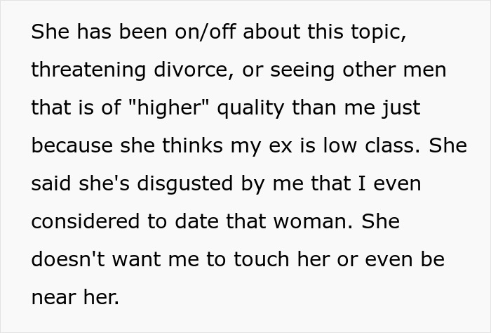 Text excerpt discussing a husband&rsquo;s wife obsessed over his low-class ex causing tension and threats of divorce.