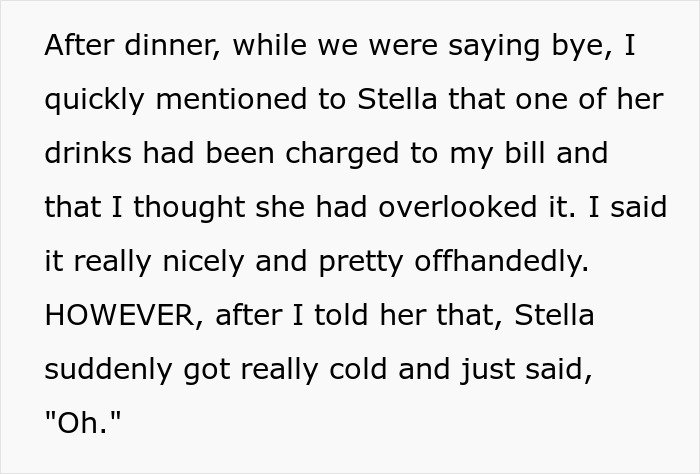Text excerpt showing a woman reminding her friend about appreciation after a dinner charge dispute and the friend&rsquo;s cold reaction.