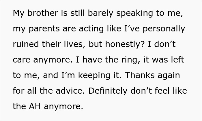 Woman refuses to give up beloved heirloom ring for brother&rsquo;s proposal, causing family conflict and accusations of selfishness.