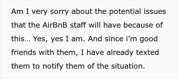 Text message explaining regret over AirBnB staff issues after woman's parking spot gets nicked by entitled guests.