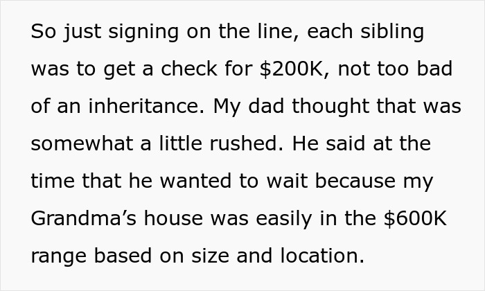 Text excerpt about inheritance and family dispute involving a $600K house and $200K checks among siblings.