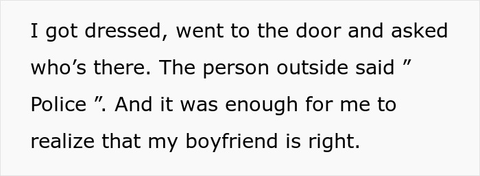 Text excerpt describing a confrontation involving a fake cop and a real police officer boyfriend.