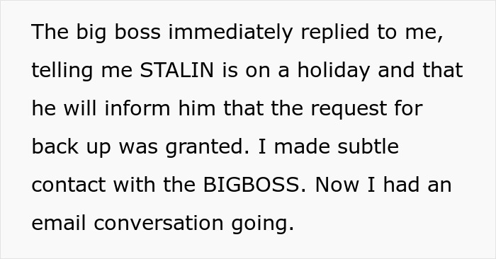 Text describing a horrible boss, an employee's perfect revenge begins with an email conversation from the big boss.