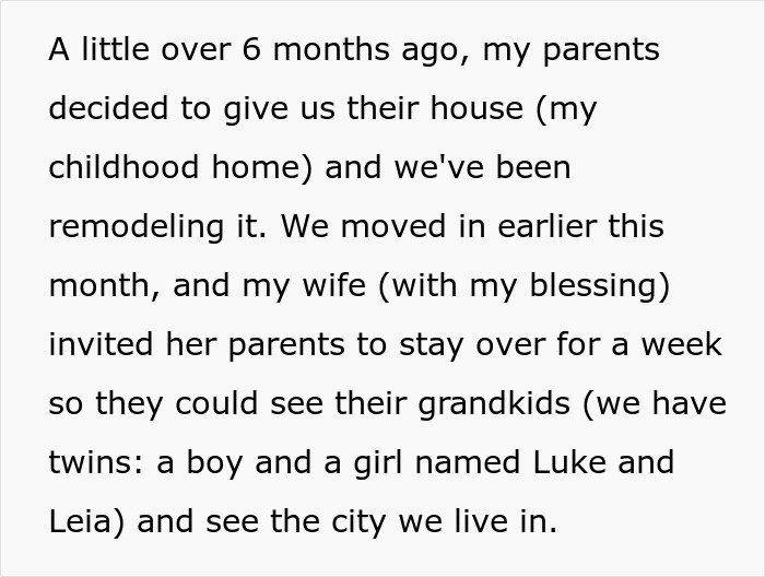 Text excerpt about remodeling a childhood home and in-laws visiting to see grandchildren in a family housing story.