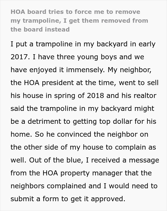 HOA demands dad remove trampoline; father responds by running for HOA board and making changes.