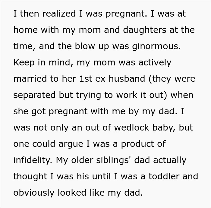 Text excerpt describing a woman sharing a crazy story about her mom involving pregnancy and family drama.