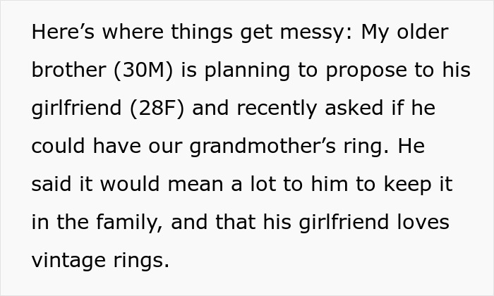 Brother demands sister&rsquo;s heirloom ring for proposal, causing conflict as she refuses to give up the beloved family ring.