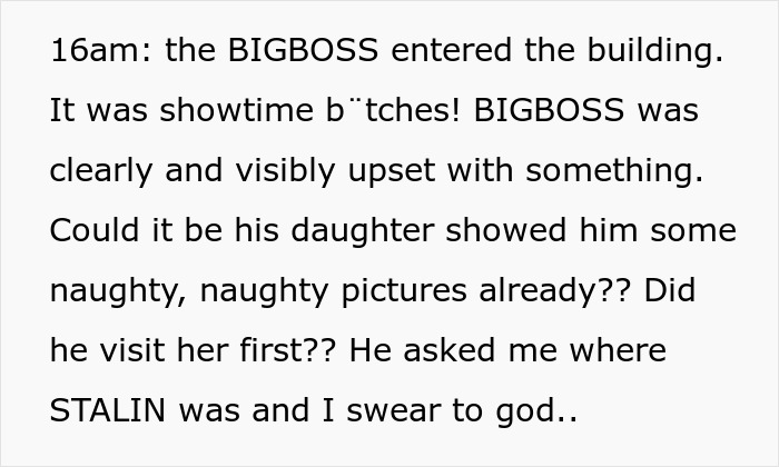 Text snippet detailing a horrible boss's upset entrance, hinting at employee revenge.