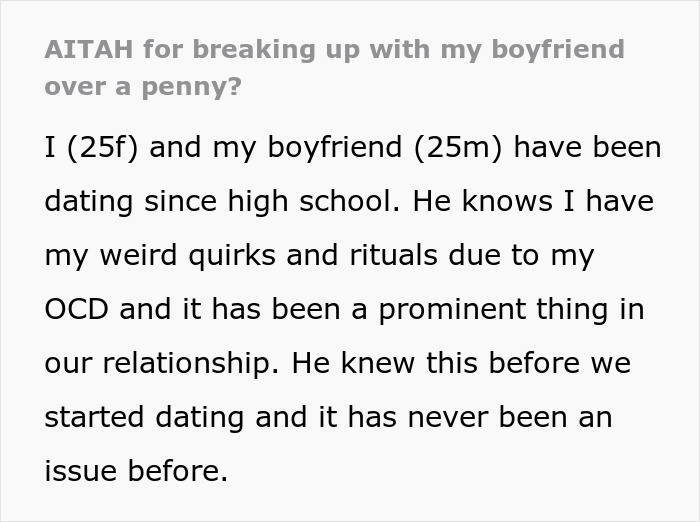 Woman ends relationship over one cent, feels liberated after breakup linked to penny and personal quirks in dating.