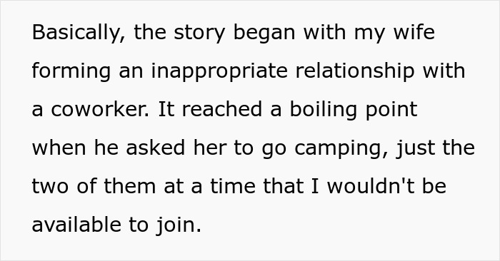 Screenshot of text detailing a wife forming an inappropriate relationship with a male coworker, leading to her husband's gut feeling.