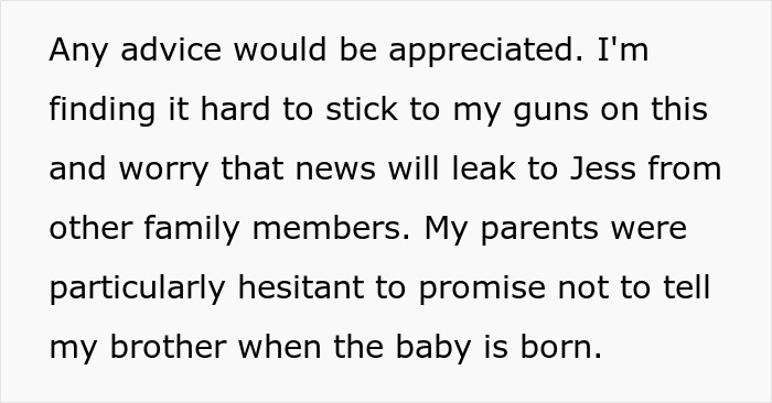 Text message expressing concern about information leaking to unstable ex and pressure from family about keeping pregnancy news private.