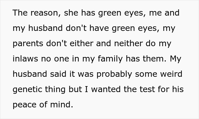 Texto explicando os olhos verdes da filha, levando a um teste de DNA que desvenda um segredo obscuro sobre a infidelidade.