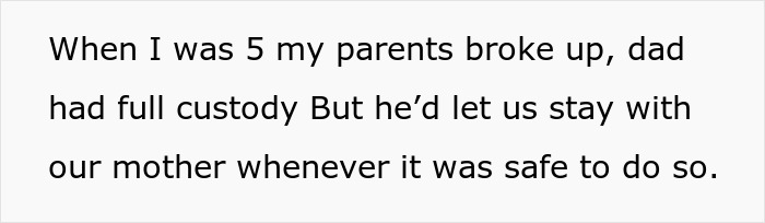 Text on a white background describes a family dynamic after parents broke up, with dad having custody. Relates to replacing late mom with stepmom.