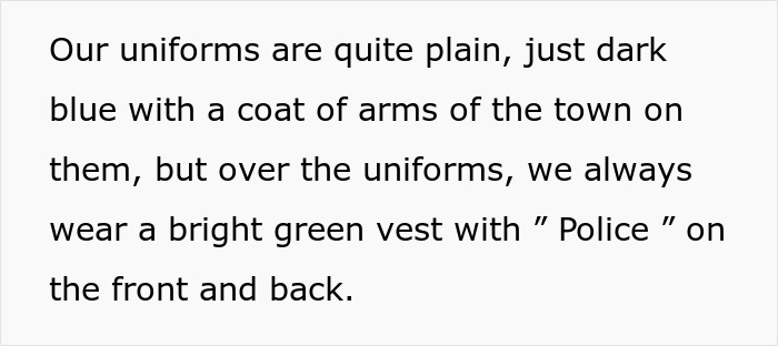 Text excerpt describing plain dark blue police uniforms with a bright green vest labeled Police on front and back.
