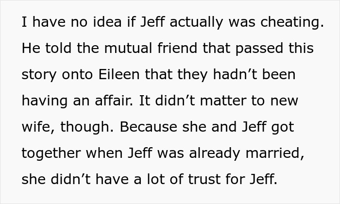 Text from an article describing Jeff's infidelity, causing a wife to seek revenge after he left her for his mistress.