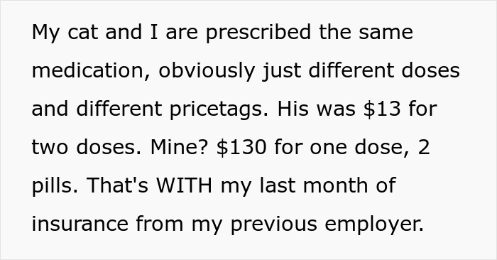 Comparison of medication costs showing expensive treatment for woman and affordable dose for senior cat with tapeworms.