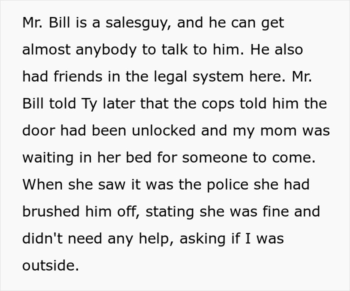 Text describing a woman’s crazy story about her mom with unexpected police involvement like a soap opera scene.