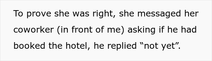 Text excerpt about a woman confirming hotel booking with coworker to reveal a marriage bedroom twist.