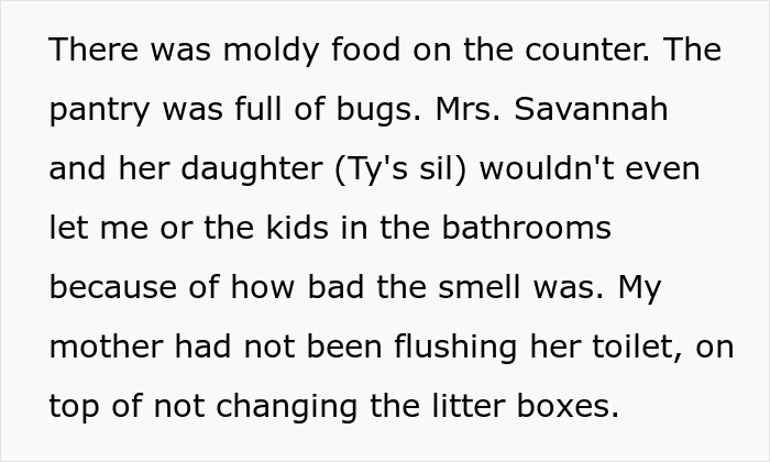 Text excerpt describing a woman’s story about her mom involving mold, bugs, and severe household neglect.