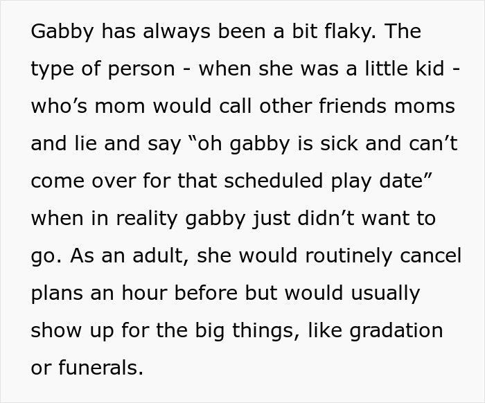A text snippet about Gabby being a flaky best friend, skipping events, and breaking a bride's heart.
