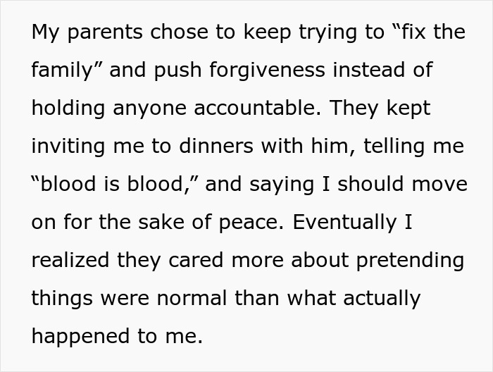 Text screenshot: a narrative about parents trying to fix the family and pushing forgiveness instead of accountability. Focuses on the "Dad" to "Uncle" shift. Text screenshot: a narrative about parents trying to fix the family and pushing forgiveness instead of accountability. Focuses on the "Dad" to "Uncle" shift.