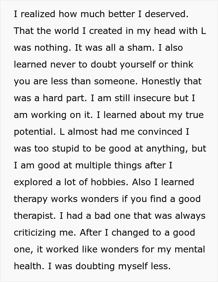 Text discussing personal growth, therapy benefits, and overcoming insecurity after a best friend&rsquo;s disgusting betrayal.