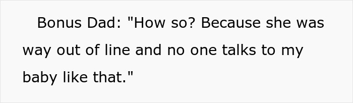 Text message conversation mentioning a bonus dad defending a baby after someone was out of line. Text message conversation mentioning a bonus dad defending a baby after someone was out of line.