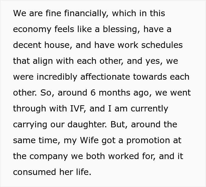 Pregnant partner reflects on wife&rsquo;s career promotion causing marriage trouble and feelings of being in it alone.