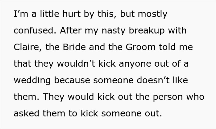 Text excerpt about a guy feeling hurt and confused after his ex-girlfriend cheats on him and causes wedding drama.