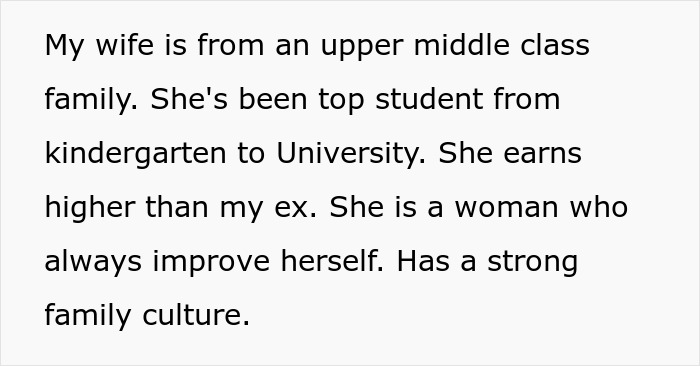 Text excerpt about a man's wife from an upper middle class background contrasting with his low-class ex.