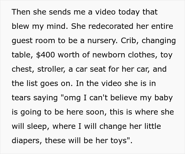 Alt text: Woman shocked by mom&rsquo;s creepy behavior redecorating guest room into nursery with baby items and emotional video.