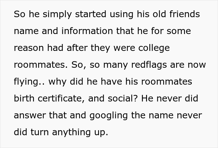 Text excerpt discussing a criminal using his old friend's identity, highlighting crimes exposed by an ex-girlfriend.