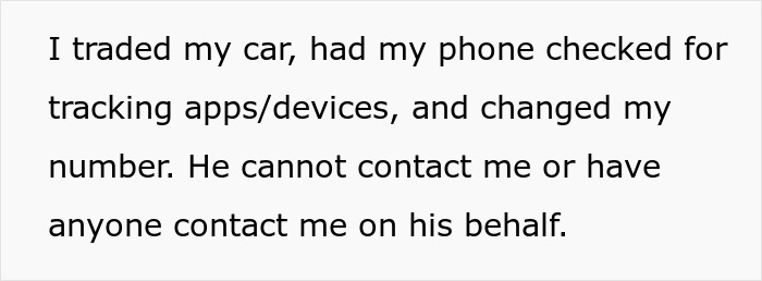 Text block with a personal message about trading a car, checking a phone for tracking apps, and changing a phone number to prevent contact.